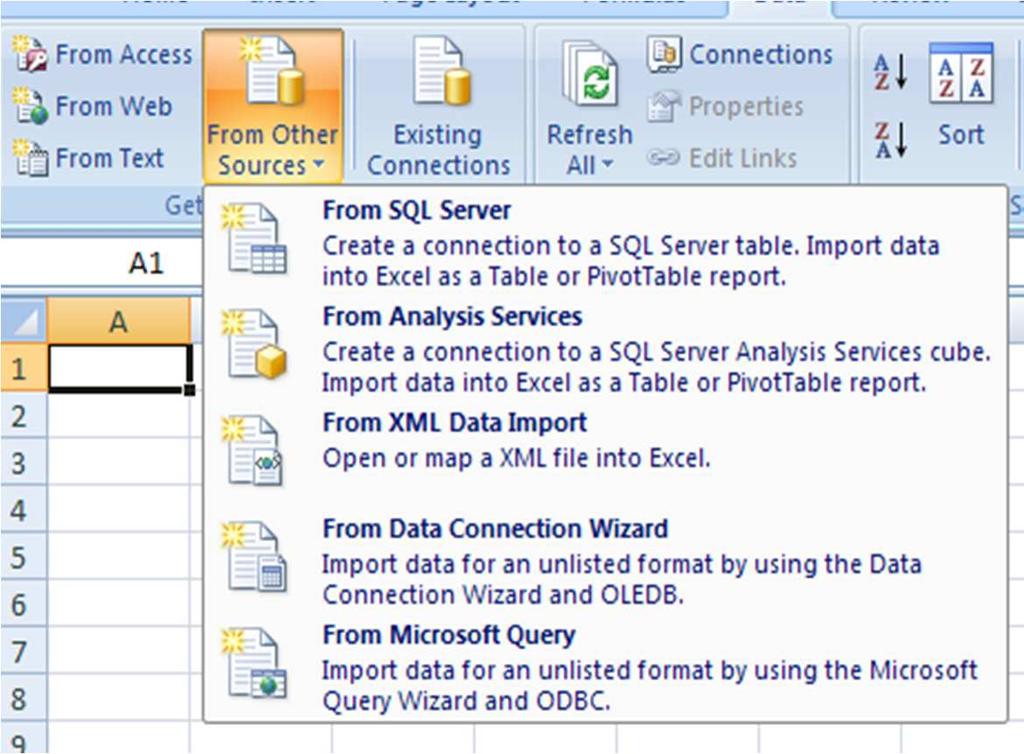 INFORMATION ANALYSIS Using Excel 2007 for BI Business requirement: Access you information in Microsoft Excel Functional Steps Select Data Tab-Get External Data Group-From Other Sources command and