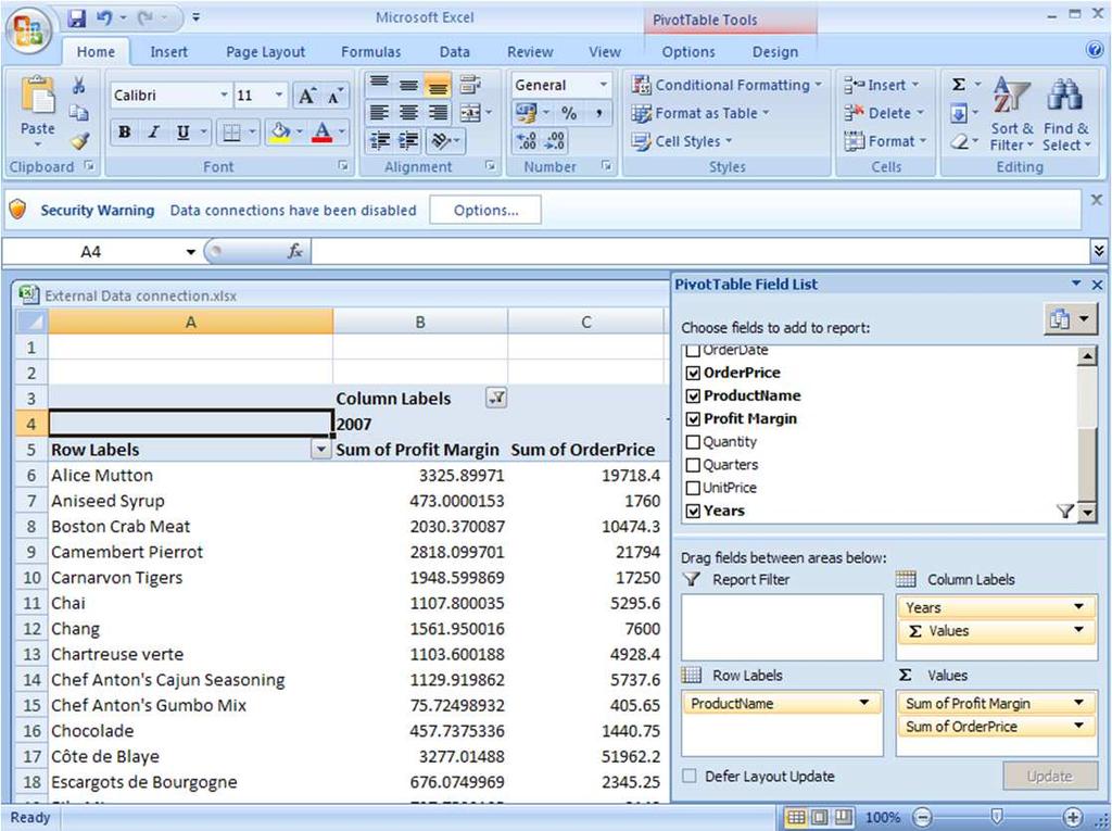 INFORMATION ANALYSIS Using Excel 2007 for BI Business requirement: Creating your own calculations Functional Steps Can alter the way information is summarized Select labels in the PivotTable and