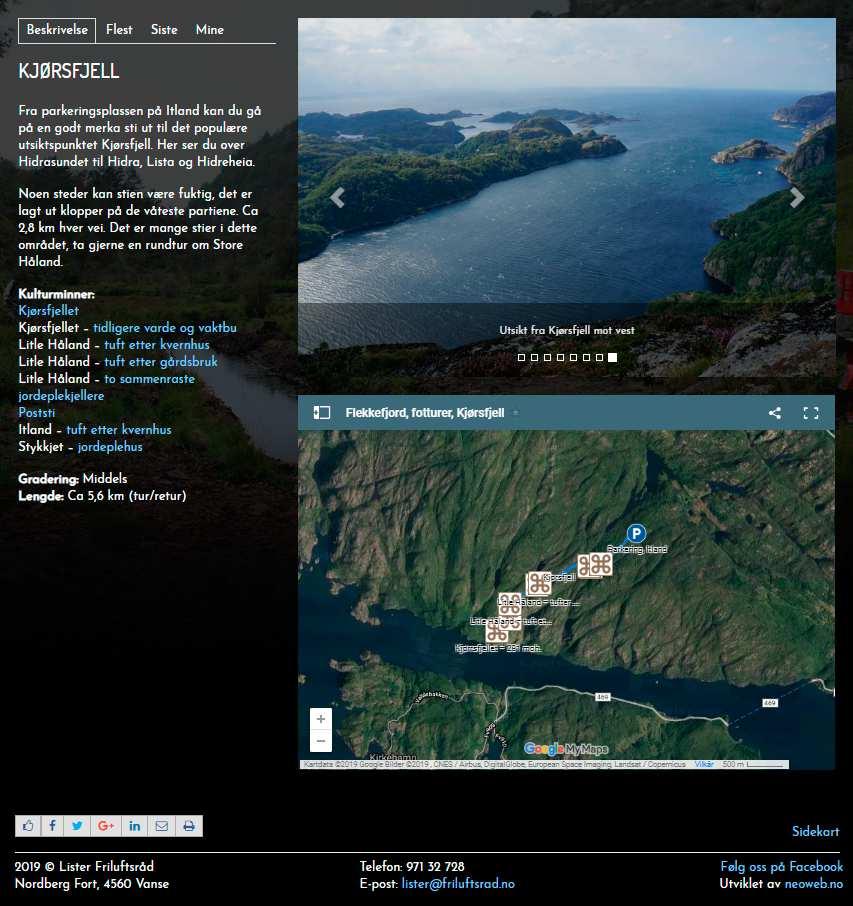 Turmål er sider som er åpne for alle som besøker nettsiden. Her vises et eksempel om i fottur i Flekkefjord kommune: Kjørsfjell (tjenesten er ikke implementert i dagens versjon av nettsiden).