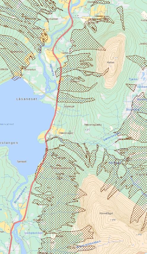 Aktsomhetskart Jord- og Flomskred E6 Mjåvatn - Angermoen Tegnforklaring Potensielt Jord-Flomskredfare om Bakgrunn basiskart NVE Norges vassdragsog energidirektorat