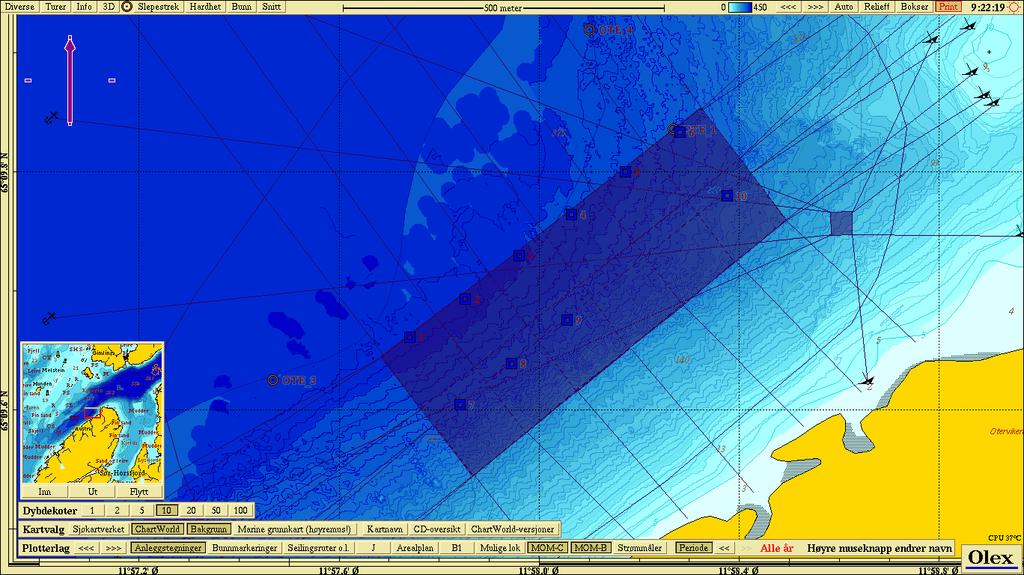 antatt utstrekning av overgangssonen (sort linje). Kartet har nordlig orientering og mørkere blå farge representerer dypere områder. Kartdatum WGS84.