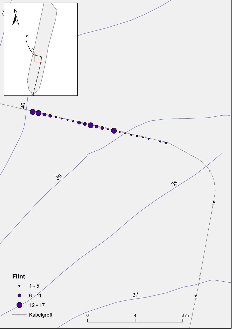 Fig. 10. Funnspredningskart som viser funnspredningen for flint innenfor kabeltraseen.