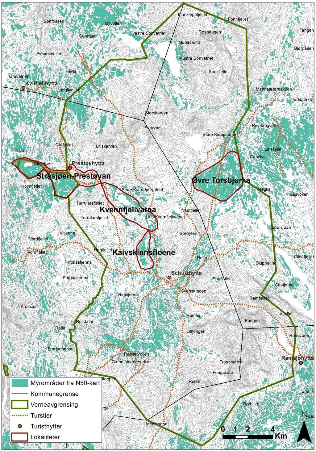 Figur 2 Skarvan-Roltdalen nasjonalpark og Stråsjøen-Prestøyan naturreservat med fire områder valgt ut for sårbarhetsvurdering for fugl og vegetasjon