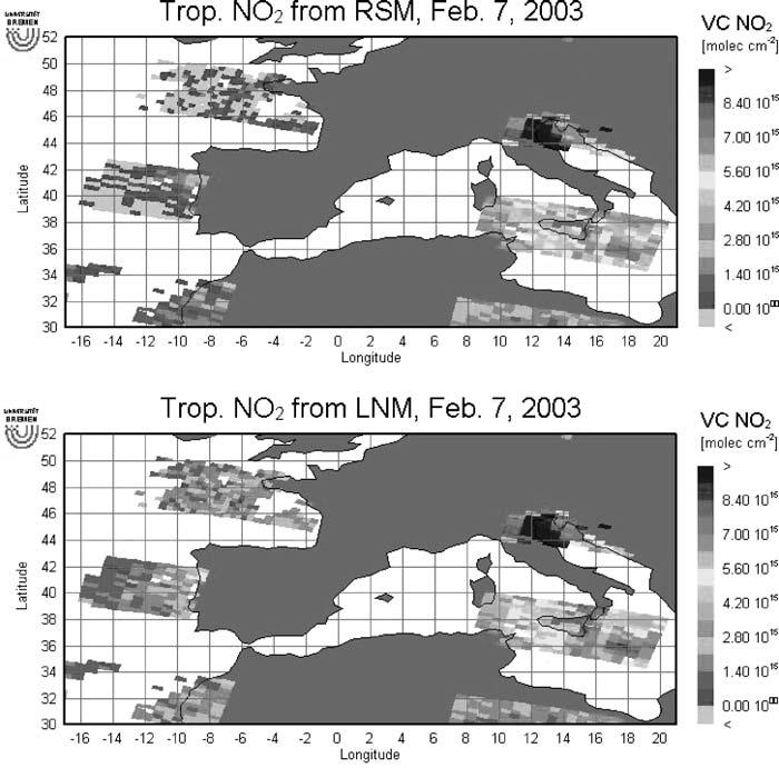 TRACE GAS CONCENTRATIONS FROM SCIAMACHY Figure 6. Tropospheric NO 2 columns measured by SCIAMACHY on February 7, 2003 and derived by RSM (upper panel) and LNM (lower panel), respectively.
