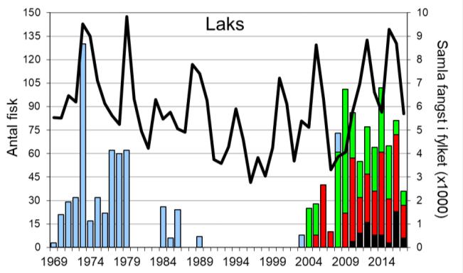 Skjel 2017 FANGST OG SKJELPRØVAR I ÅRDALSVASSDRAGET Fangststatistikk Gjennomsnittleg årsfangst av sjøaure i perioden 1969-2017 var 253 fisk (snittvekt 2,1 kg; figur 1, stolpar).
