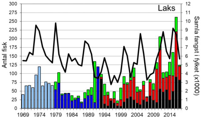 Skjel 2017 FANGST OG SKJELPRØVAR I ÅRØYELVA Fangststatistikk I perioden 1969-2017 var gjennomsnittleg årsfangst 80 laks (snittvekt 6,6 kg) og 60 sjøaurar (snittvekt 1,1 kg).