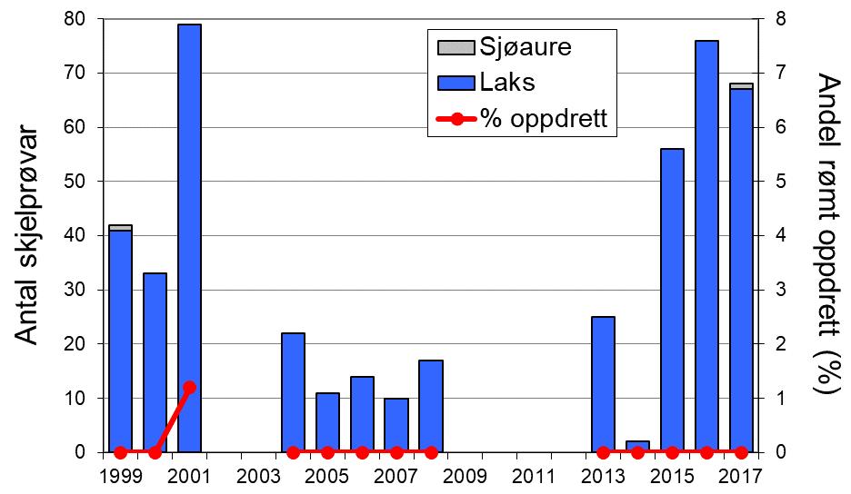 Sjøaurefangstane i Dalselva avvik frå resten av fylket, særleg ved relativt høge fangstar i Dalselva i åra 2009-13.