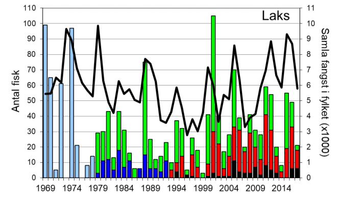 Skjel 2017 FANGST OG SKJELPRØVAR I RYGGELVA Fangststatistikk I perioden 1969-2017 var gjennomsnittleg årsfangst 34 laks og 18 sjøaurar, i 2017 vart det fanga 21 laks (snittvekt 5,7 kg) og 9 sjøaure