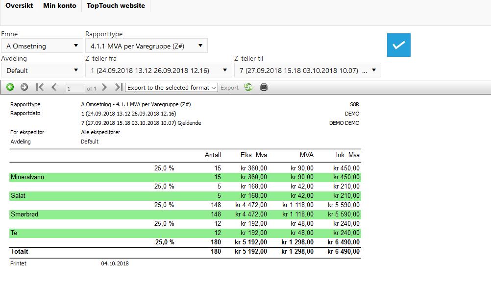 18 4.1.1 MVA per Varegruppe(#Z) Gir deg oversikt over hvor mye du har solgt for hver MVA summert på hver enkelt varegruppe samt totalsalget per MVA for et eller