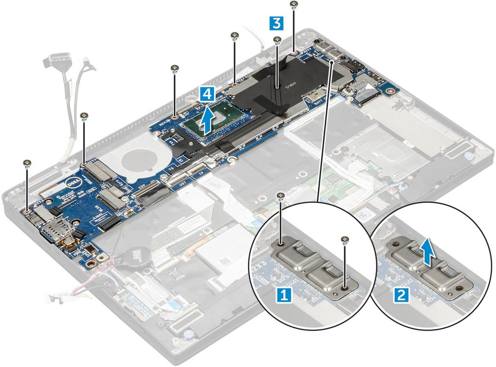 Sette inn hovedkortet 1 Juster hovedkortet etter skrueholderne på datamaskinen. 2 Sett inn M2,0 x 3,0-skruene som fester hovedkortet til datamaskinen. 3 Plasser USB Type-C-braketten på Type-C-modulen.