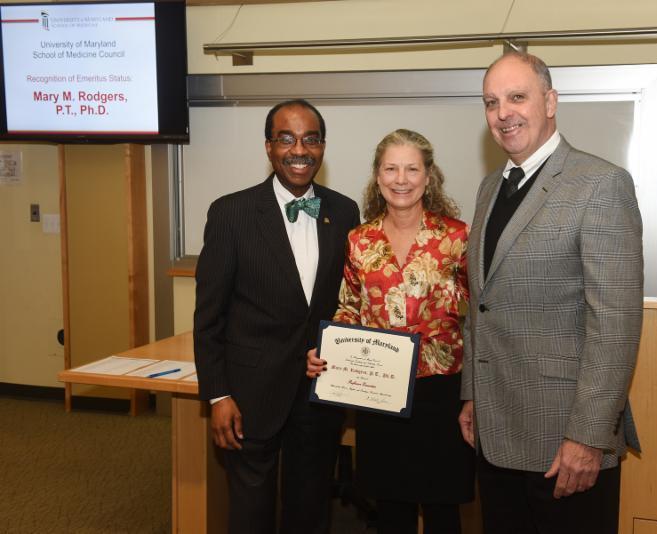 Department News Emeritus Status Recognition On December 20, 2017, Mary Rodgers, PT, PhD, FAPTA, FASB, FISB, (pictured below, center) was