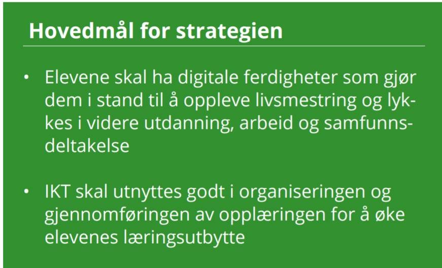 Digitaliseringsstrategien MÅLBILDER: Elevene skal: Tilegne seg gode digitale ferdigheter og dømmekraft gjennom opplæringen og lære å utnytte