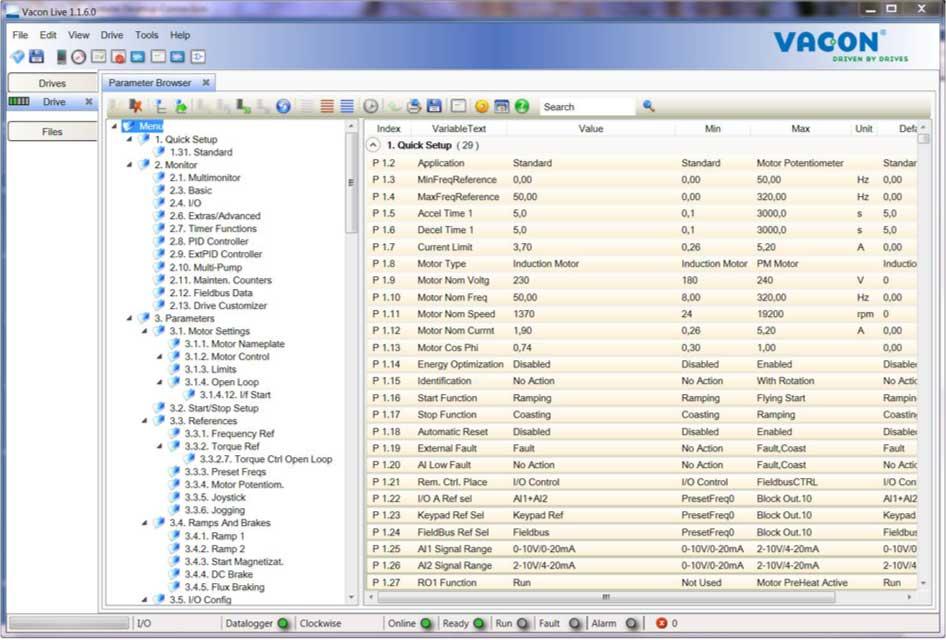 VACON 112 BRUKERGRENSESNITT 3.5 VACON LIVE Vacon Live er et PC-verktøy for idriftssetting og vedlikehold av frekvensomformere av typen Vacon 10, Vacon 20 og Vacon 100).