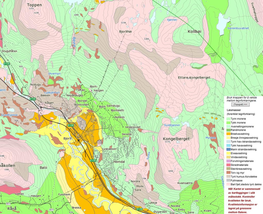 Berggrunn Berggrunnen i området består av prekambrisk grunnstein. Eksponert fjell i dalsiden består av ulike gneiser, kvartsdiorittisk eller migmatittisk.