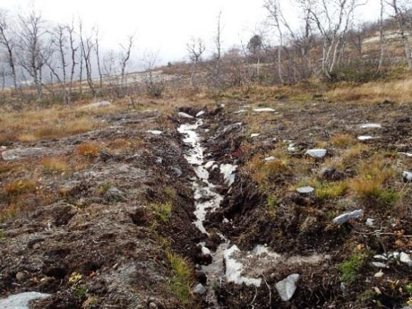 Flere steder er det gravd dreneringsrenner på tvers eller skrå av skibakken, flere av disse er steinsatt mens det i øvre del også er renner i jordmasser (Figur 7B).