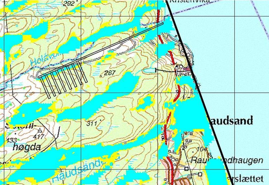 Figur 5 viser flere soner med sannsynlig og mindre sannsynlig dypforvitring i området hvor det ble foretatt helikoptermåling vest for Raudsand.