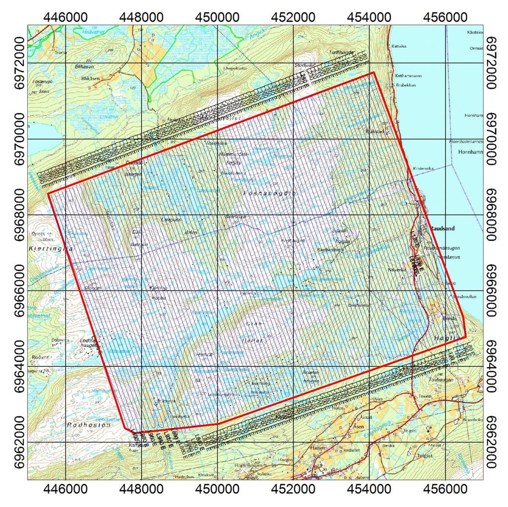 Figur 1: Målte linjer ved helikoptermålingene ved Raudsand. 3.