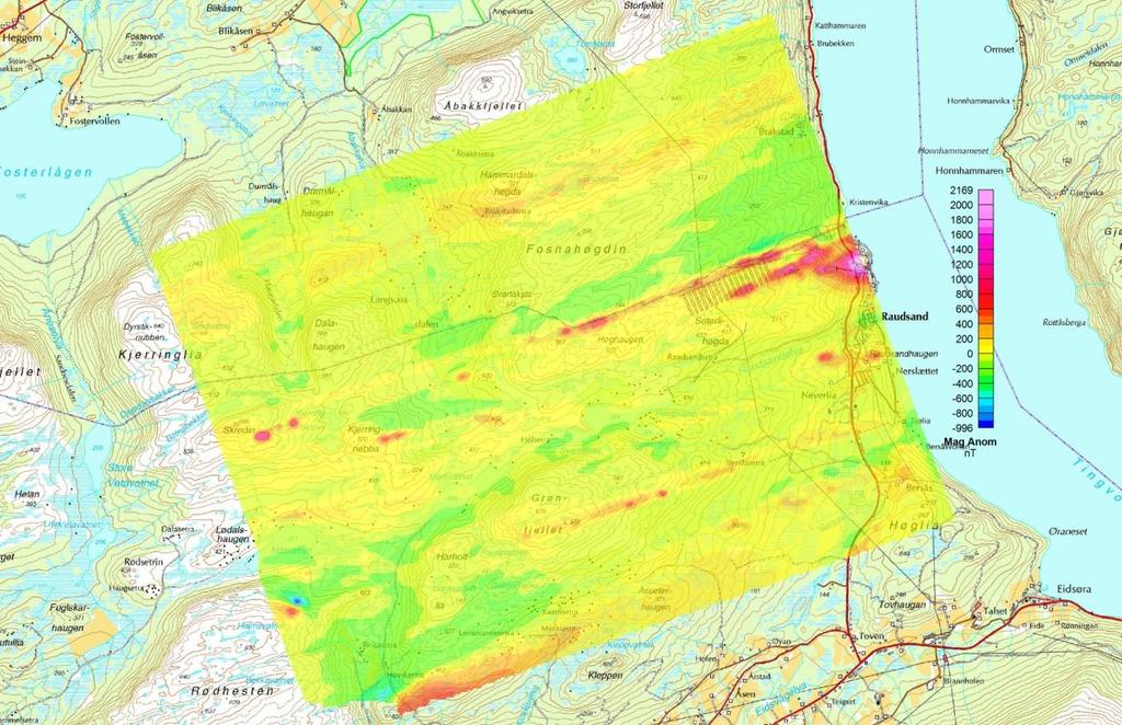 Figur 3: Magnetiske data ved Raudsand presentert med lineær fargeskala.