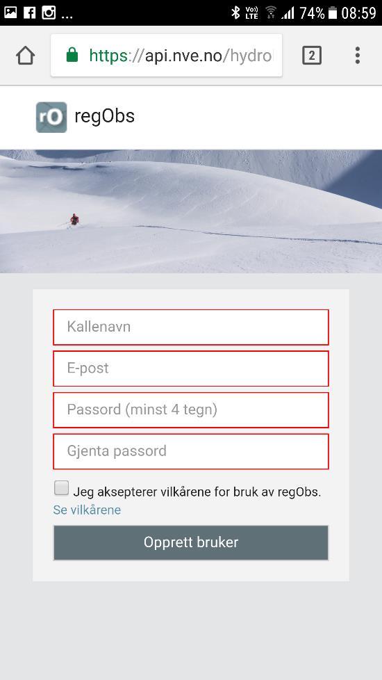 Velg da «Lag ny bruker» I neste vindu registrerer du Kallenavn (Navnet andre ser) Epost (brukes ved