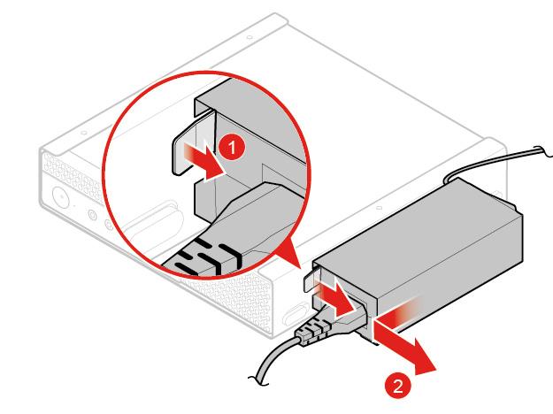 2. Trekk ut alle strømledninger fra stikkontaktene, og alle kabler som er koblet til datamaskinen. 3. Sett tilbake strømadapterbraketten. a. Fjern strømadapterbraketten.