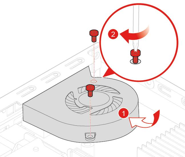 Figur 37. Hvordan installere systemviften 6. Koble systemviftekabelen til systemviftekontakten på hovedkortet. Se «Hovedkort» på side 4. 7. Sett på plass maskindekslet og koble til kablene igjen.