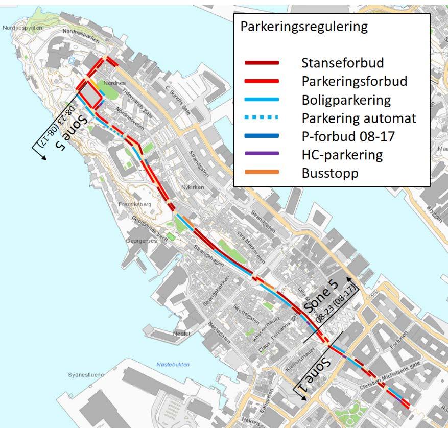 18 2.6 Parkering På store deler av traseen er det stanseforbud eller parkeringsforbud langs østre side.