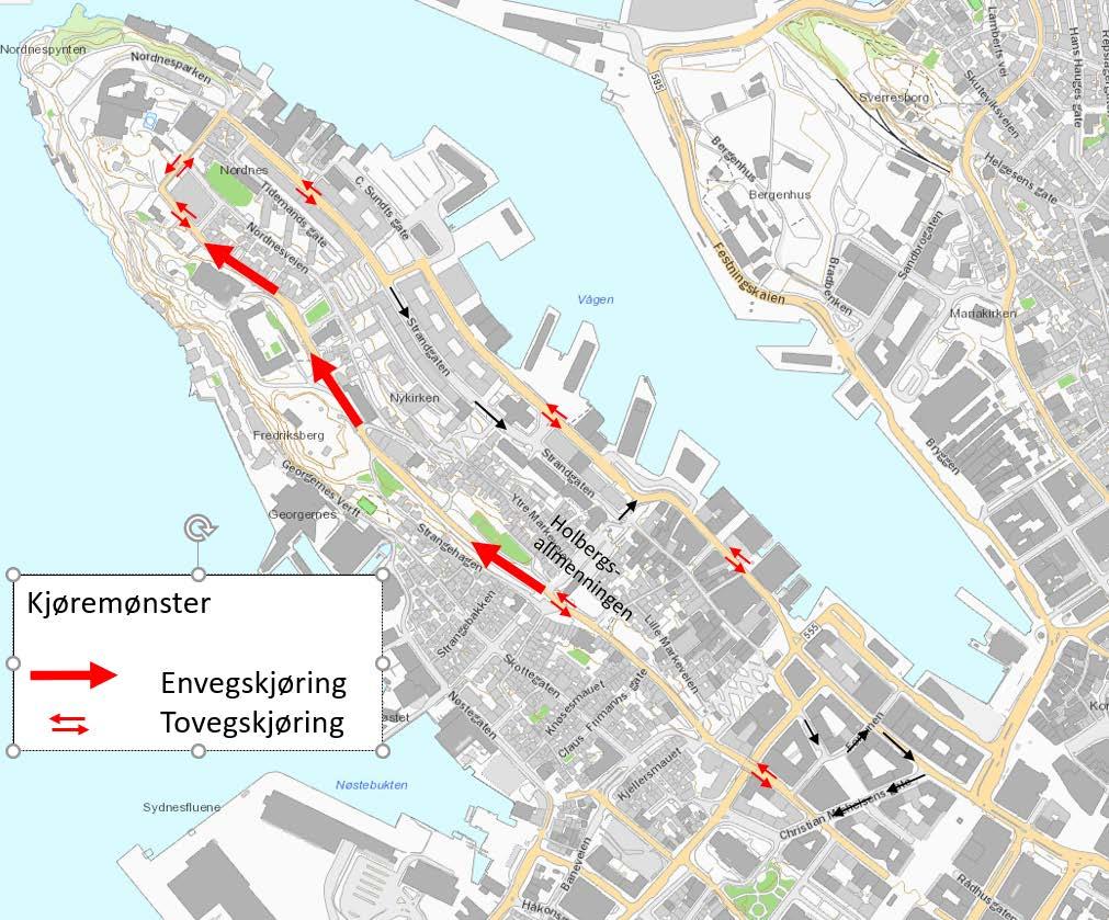 22 Figur 3-4 Forslag til strekk som kan envegsreguleres De gule områdene mellom Holbergsallmenningen og Nykirkeallmenningen vil trolig få minst ulemper av en enrvegsregulering mot Nordnes.