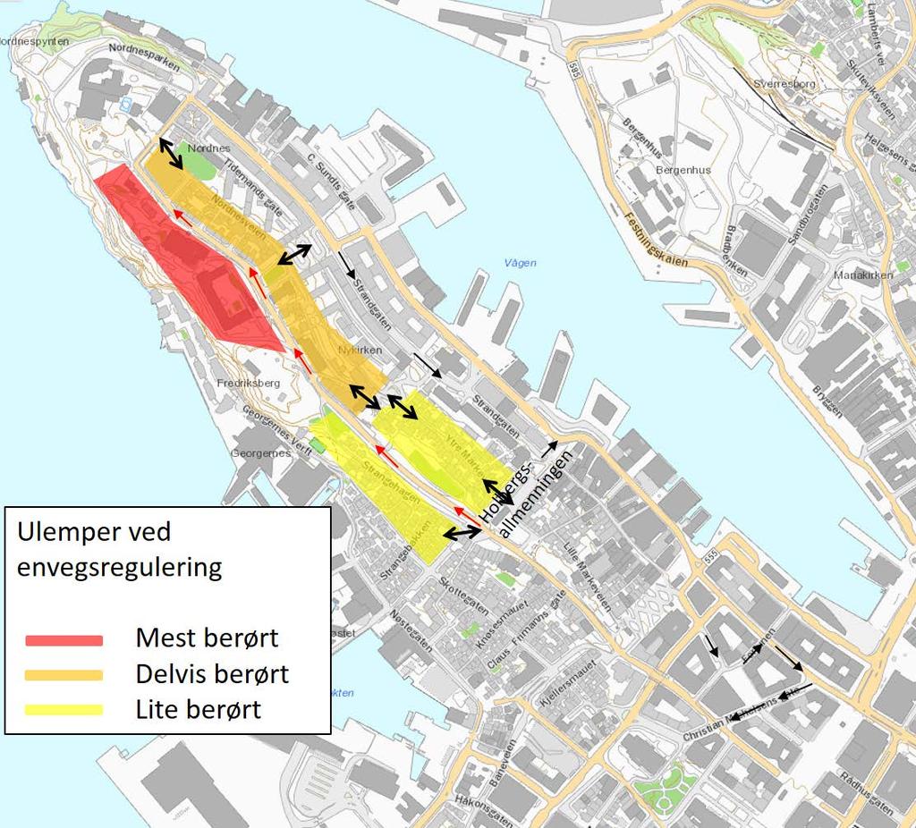 23 Figur 3-5 Vurderte ulemper for områder som berøres av envegsregulering 3.1.2 Envegsregulering mot sentrum Envegsregulering mot sentrum vil gi overføring av trafikk til C Sundts gate.