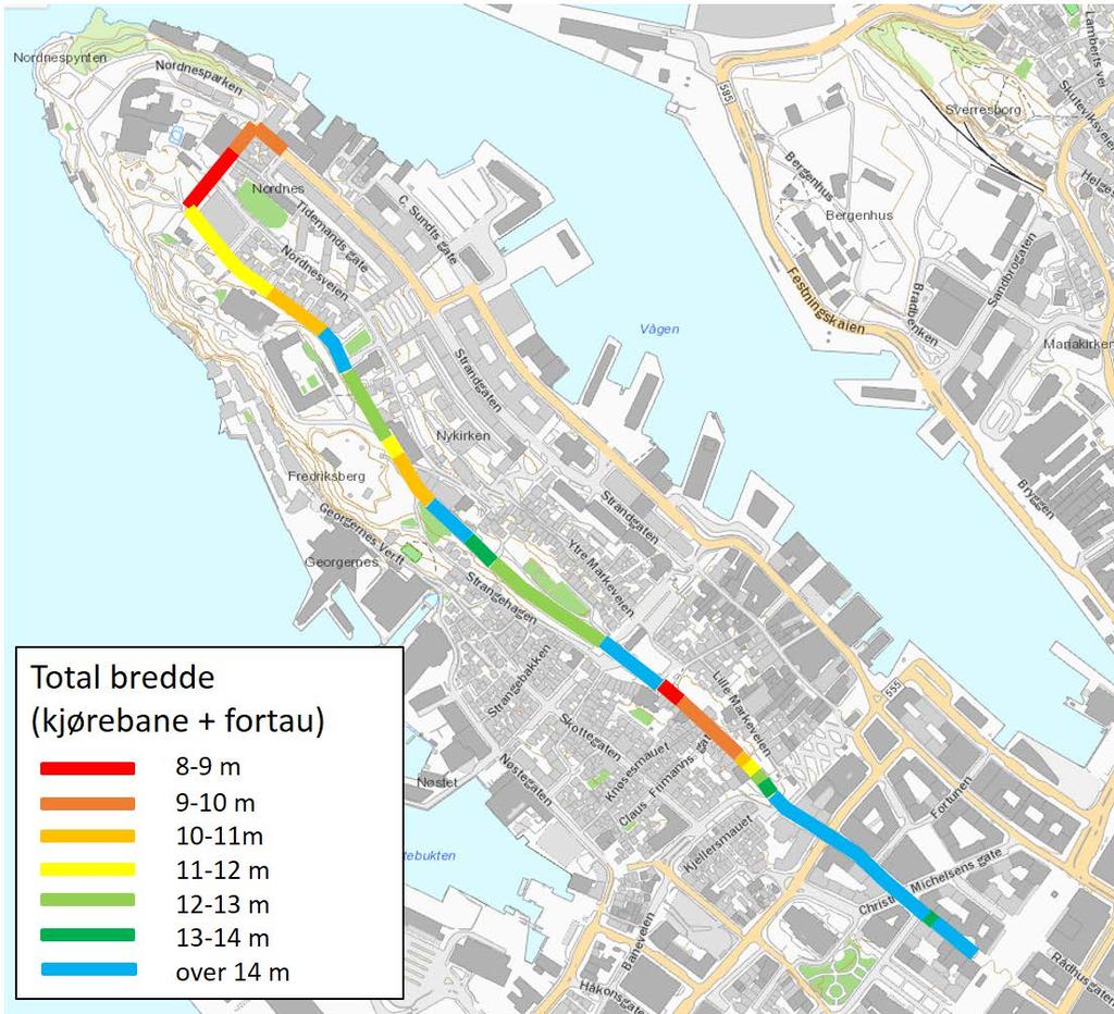 30 Figur 4-1 Total bredde kjørebane + fortau Det vil være naturlig å bygge opp rundt gangaksen langs vestsiden av gaten på strekket