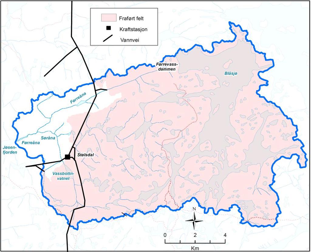 FØRREÅNA NEDBØRFELT OG ANADROM STREKNING Førreåna (vassdrag-nr. 034.4Z, også kalt Førreåa, Førreelva og Førre) har utløp i Jøsenfjorden ved Førrebotn i Hjelmeland kommune (figur 1).