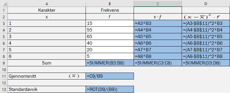 Vi legger inn etterspurte verdier i Excel og gjør beregningene.