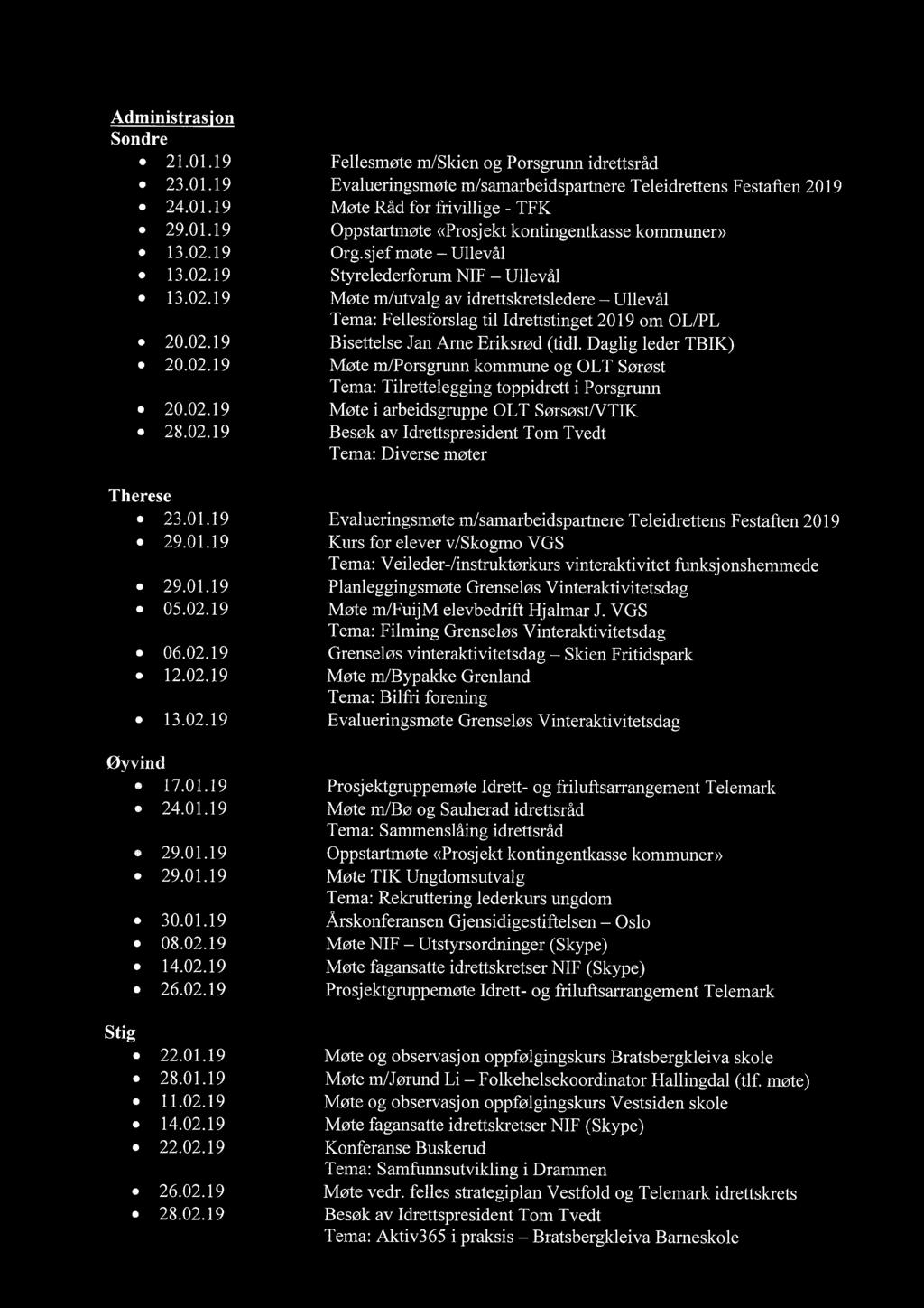 Daglig leder TBIK) 20.02.19 Møte m/porsgrunn kommune og OLT Sørøst Tema: Tilrettelegging toppidrett i Porsgrunn 20.02.19 Møte i arbeidsgruppe OLT Sørsøst/VTIK 28.02.19 Besøk av Idrettspresident Tom Tvedt Tema: Diverse møter Therese 23.