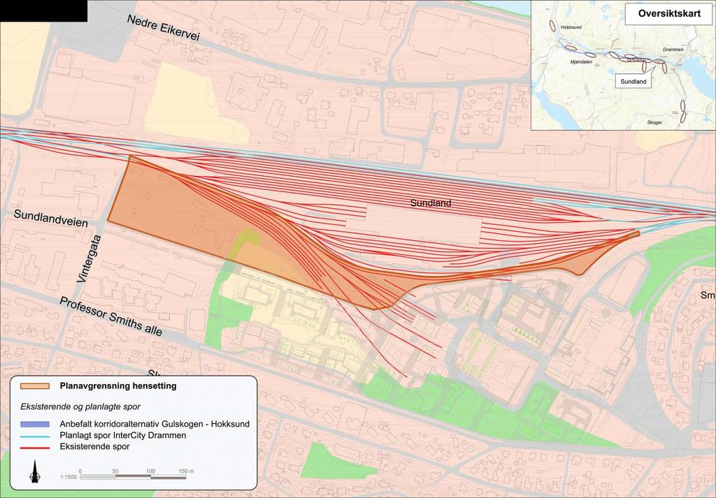 Sundland (Kartutsnitt hentet fra forslag til planprogram) Sundland (#1) Meget gunstig jernbaneteknisk, kort byggetid og lav kostnad Meget lave driftskostnader Utfordrende grunnforhold Stor