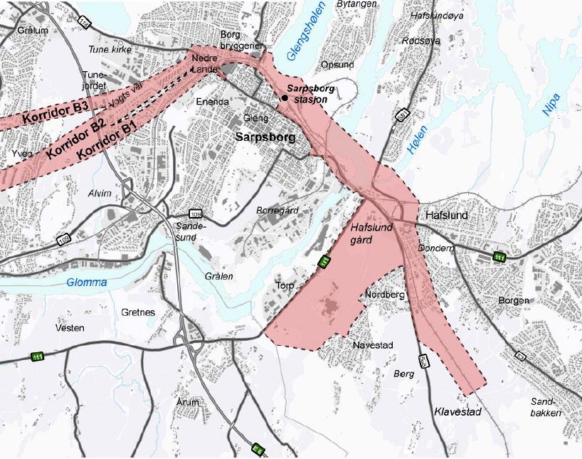 Figur 6: Visualisering av utredningskorridorene i Sarpsborg, østre del. (Kilde: Planprogram for KDP Intercity Østfoldbanen dobbeltspor Fredrikstad-Sarpsborg, Bane NOR).