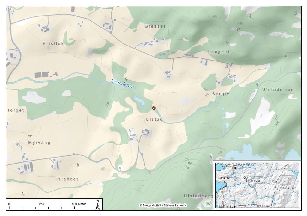 4.6 Ulstadelva Figur 10. Oversikt med Ulstadelva og prøvetakingsområdet markert med rød prikk.