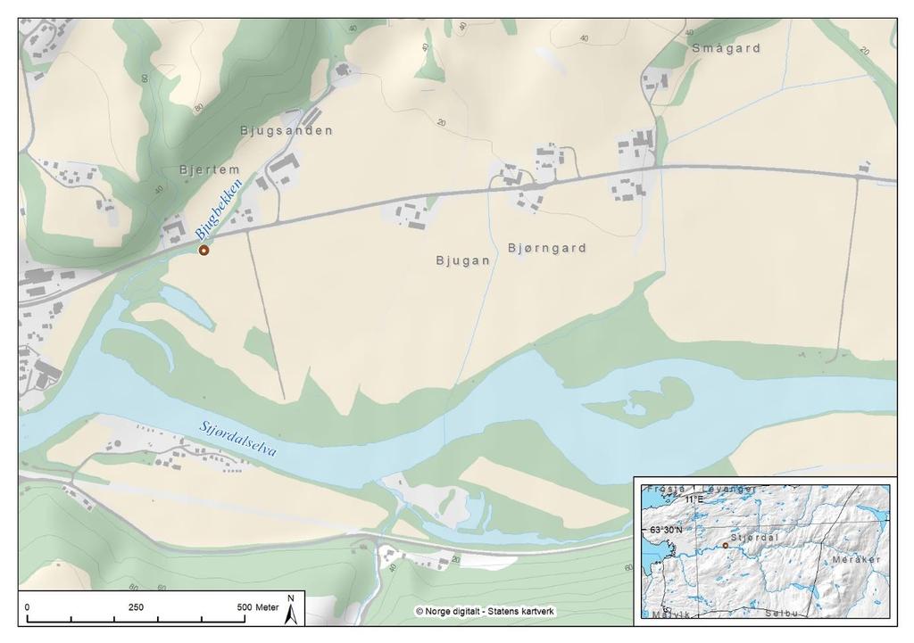 4.10 Bjugbekken Figur 15. Oversikt med nedre del av Bjugbekken og prøvetakingsområdet markert med rød prikk. Bilde fra prøvetakingsområdet i Bjugbekken. Foto: G. Kjærstad, 17.10.2018.