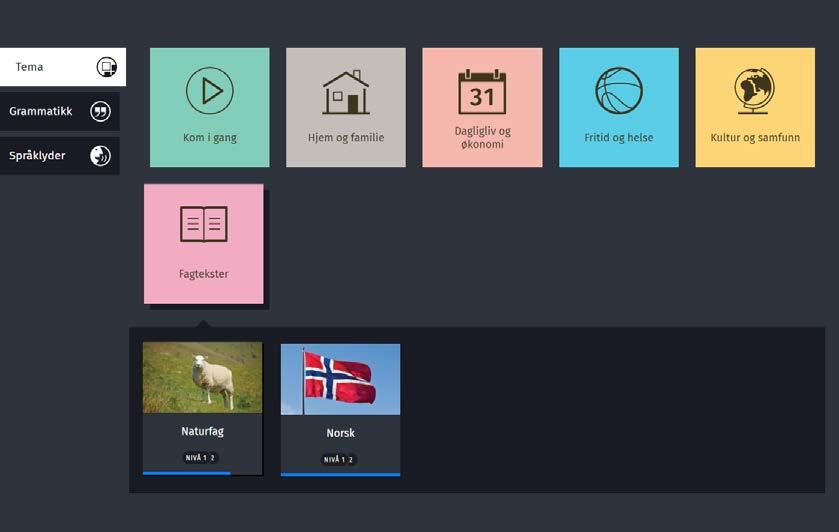 Elevsiden Når elevene logger seg inn i MNSØ, ser de hovedmenyen med alle hovedtemaene. De velger et hovedtema, for eksempel «Fagtekster», og deretter et deltema, for eksempel «Naturfag».