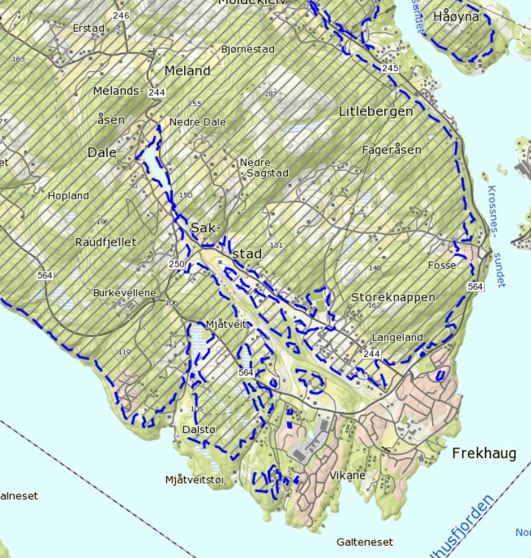 Side 5 av 7 Figur 4 Kart over marin grense (blå strek) og områder over marin grense skarvert område (Kilde: NGU).