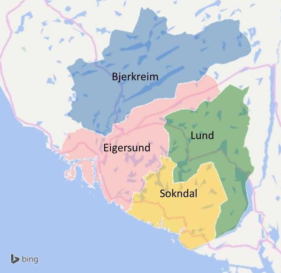 Figur 2-3 Kart over kommuner som inngår i undersøkelsesområdet Da det er ønskelig å se på Egersund sin rolle som regionsentrum for Dalane, skilles Egersund sentrum ut som egen sone i analyser av