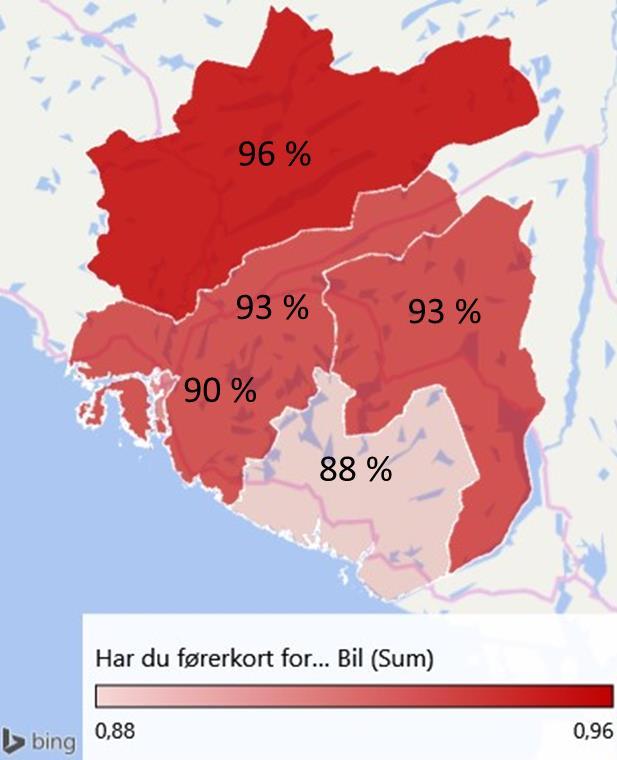4.1 Førerkortandel Figur 4-2 Andel over 18 år med førerkort klasse B etter kommuner i Dalane, samt Egersund sentrum I Bjerkreim har hele 96 prosent av befolkningen over 18 år førerkort for bil.