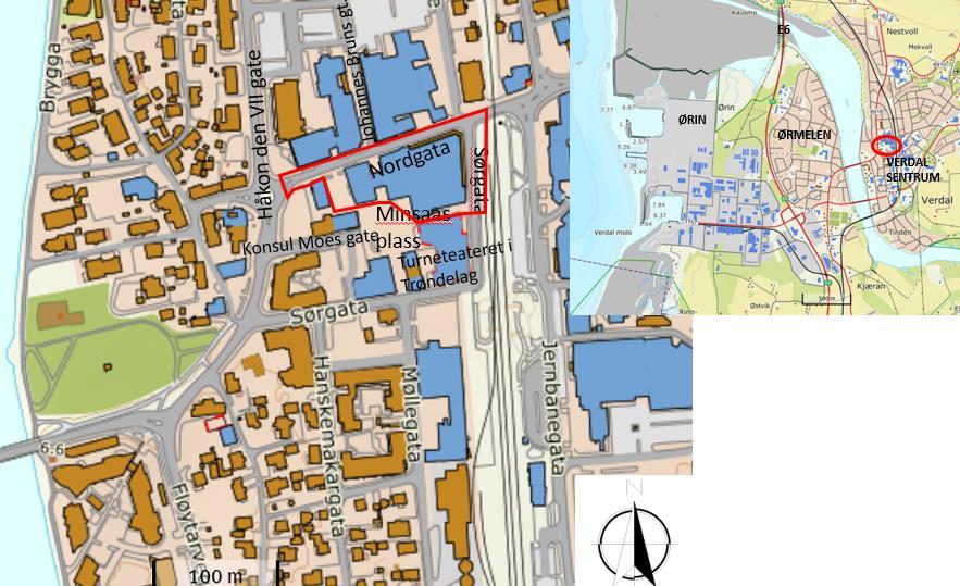 Beskrivelse av planområdet, eksisterende forhold Beliggenhet, avgrensning og størrelse på planområdet Planområdet ligger i Verdal sentrum og består av Nordgata 9, 11 og 13 samt offentlig