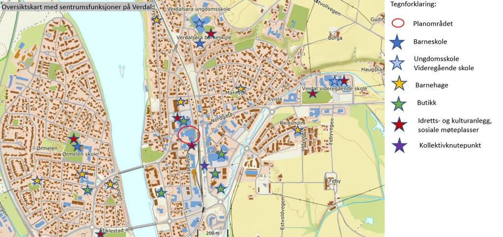 Sentrumsfunksjoner Oversikt over sentrumsfunksjoner i Verdal sentrum viser at planområdet ligger nær både skole, barnehager, idrettsanlegg,