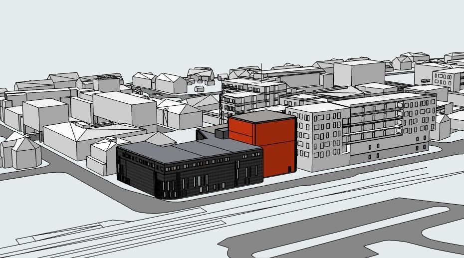 Figur 27: Forslag til ny bebyggelse i alternativ 1, sett fra Sørgata. Figur 28: Forslag til ny bebyggelse i alternativ 2, sett fra Sørgata.