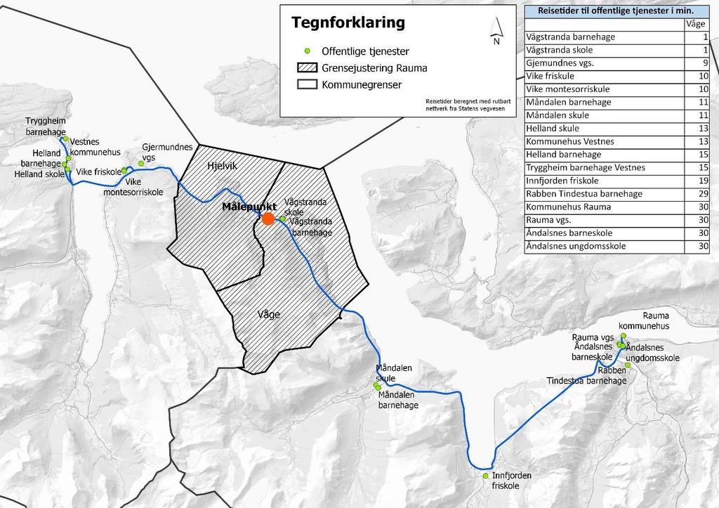 3.1.5 Kommunalt tenestetilbod 3.1.5.1 Reisetid/reiseavstand I figur 7 er det vist reisetid til kommunale tenester frå Hjelvik og Våge til Åndalsnes (kommunesenteret i Rauma kommune) og Helland (kommunesenteret i Vestnes kommune).