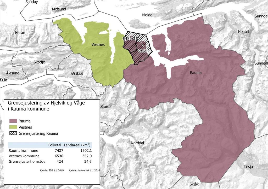 3.0 Utgreiing 3.1 Faktagrunnlag 3.1.1 Storleik og geografisk plassering Figur 2 grensejustering av Hjelvik og Våge - utarbeidd av Møre og Romsdal fylkeskommune Rauma kommune ligg i indre del av Romsdalsregionen.