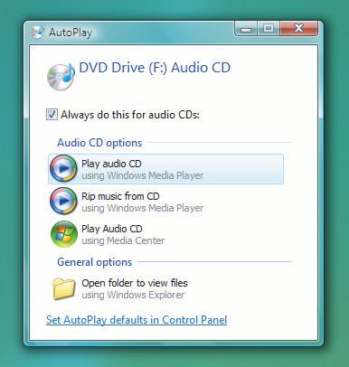 Hvis du setter inn en musikk-cd når Windows Media Center ikke er åpent, vises det en melding med spørsmål om hva du ønsker å gjøre.