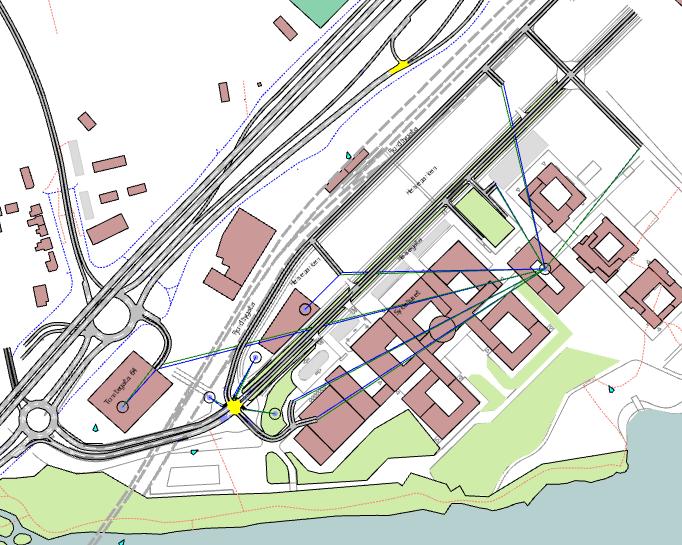 Figur 10 Oppdatert modell Trafikken fra sykehuset er koblet til flere soner, hvor parkeringsplassene planlegges.