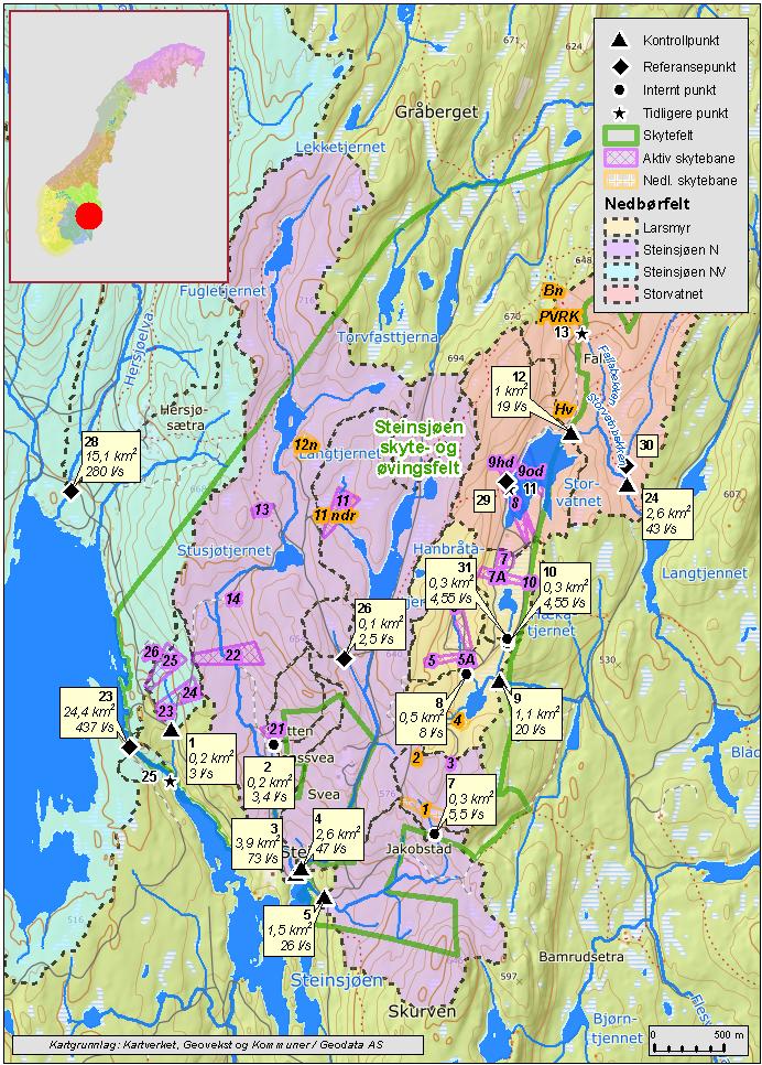 Figur : Kart over prøvepunkter ved Steinsjøen i 207,