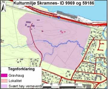 1: Skramneshaugene (id. 9969 og 59186) Vernestatus: Svært høy verneverdi Skramneshaugene ligger med god ustikt på en Ø-V-gående åkerholme. De omfatter et gravfelt i Ø (id.