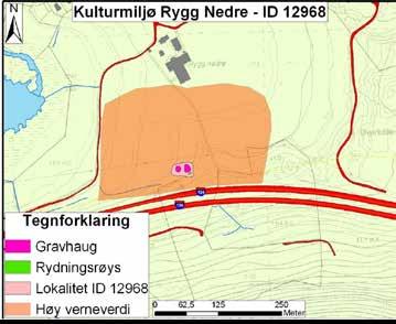 9. Bosetningsspor og gravminner på Rygg Nedre (id. 12968) Vernestatus: Høy verneverdi Gravfelt id. 12968 består av to gravhauger og en rydningsrøys.